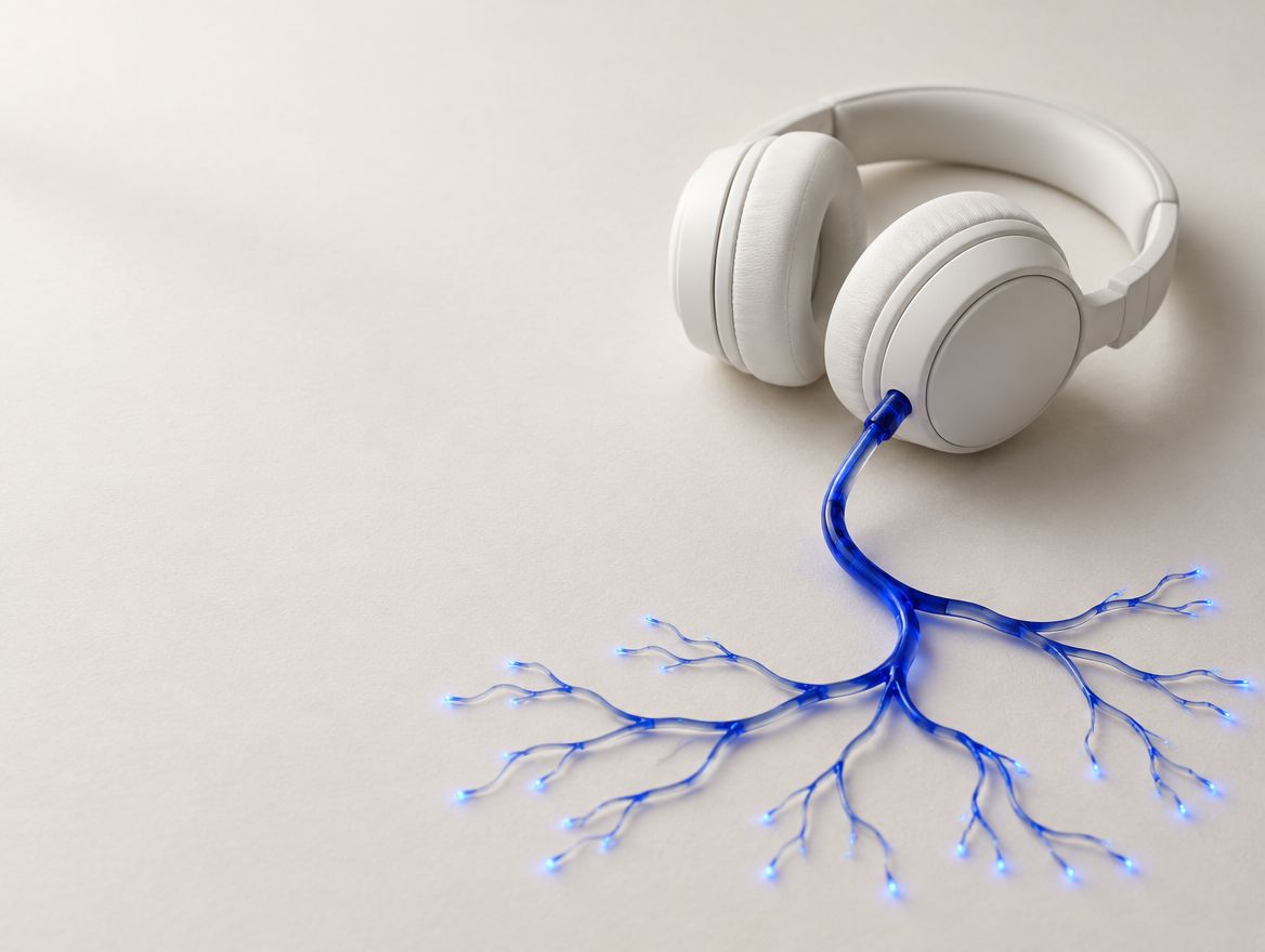 Illustration: white headphones whose blue cable branches into nerve threads