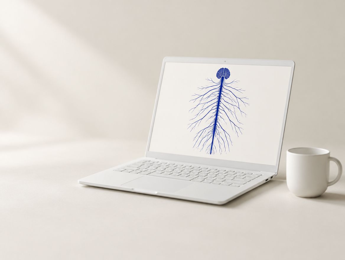 Illustration: an open laptop showing a blue drawing of the nervous system, beside a white cup