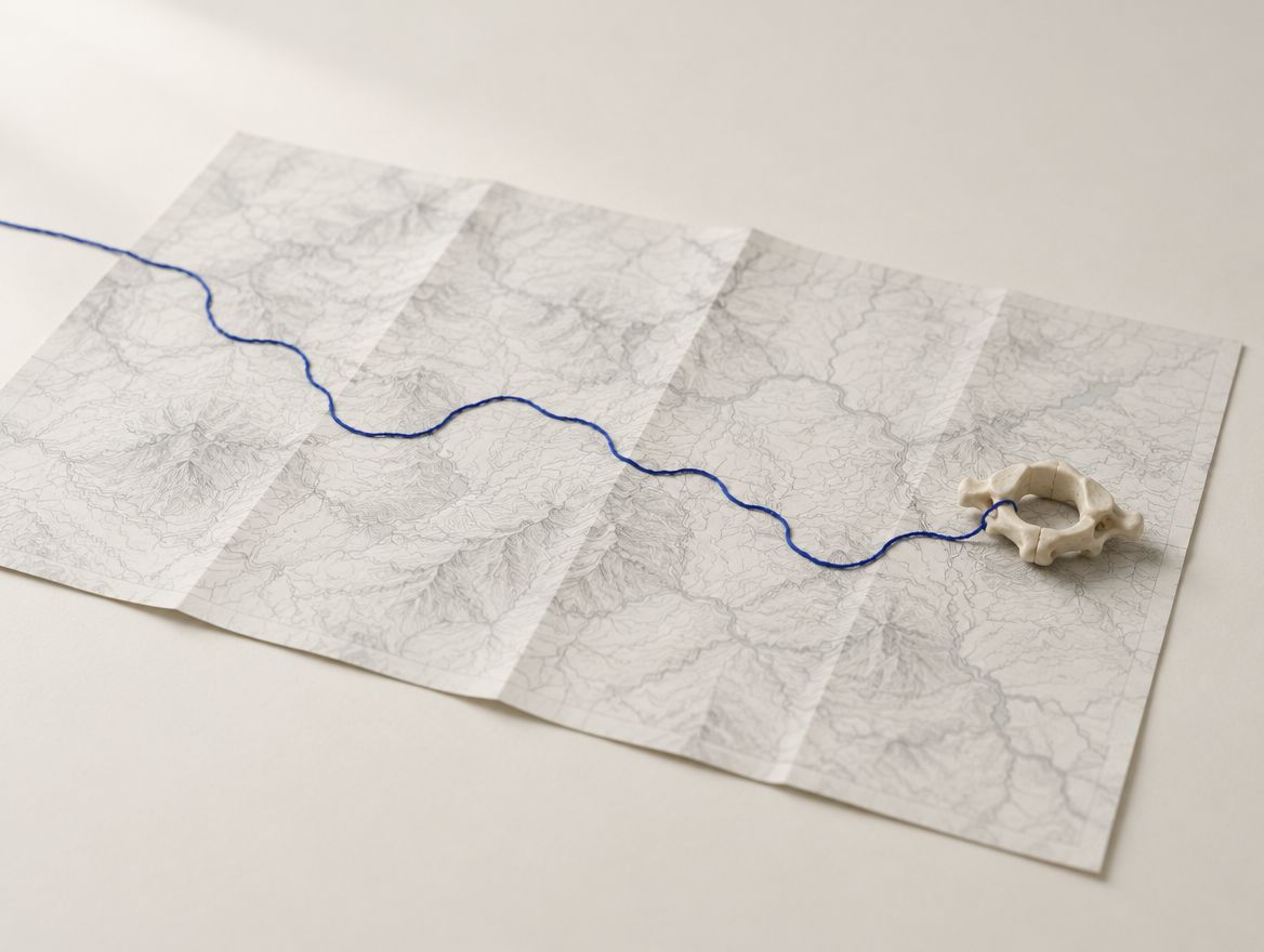 Illustration: a blue thread tracing a long route across a map to the top vertebra of the neck