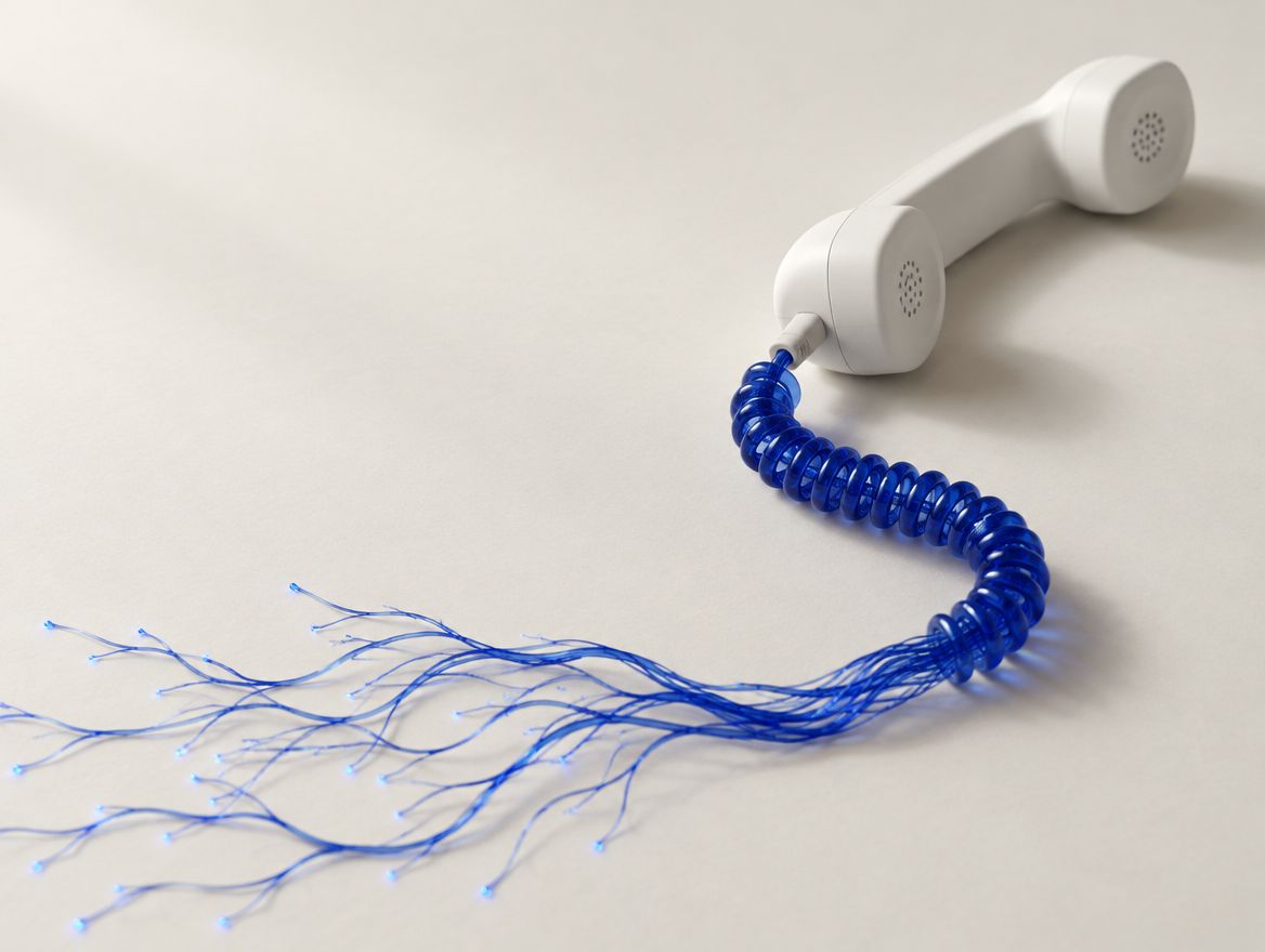 Illustration: a white telephone handset whose blue cord becomes nerve threads