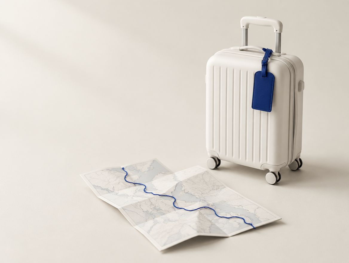Illustration: a white carry-on suitcase with a blue tag beside a map with a blue route traced on it